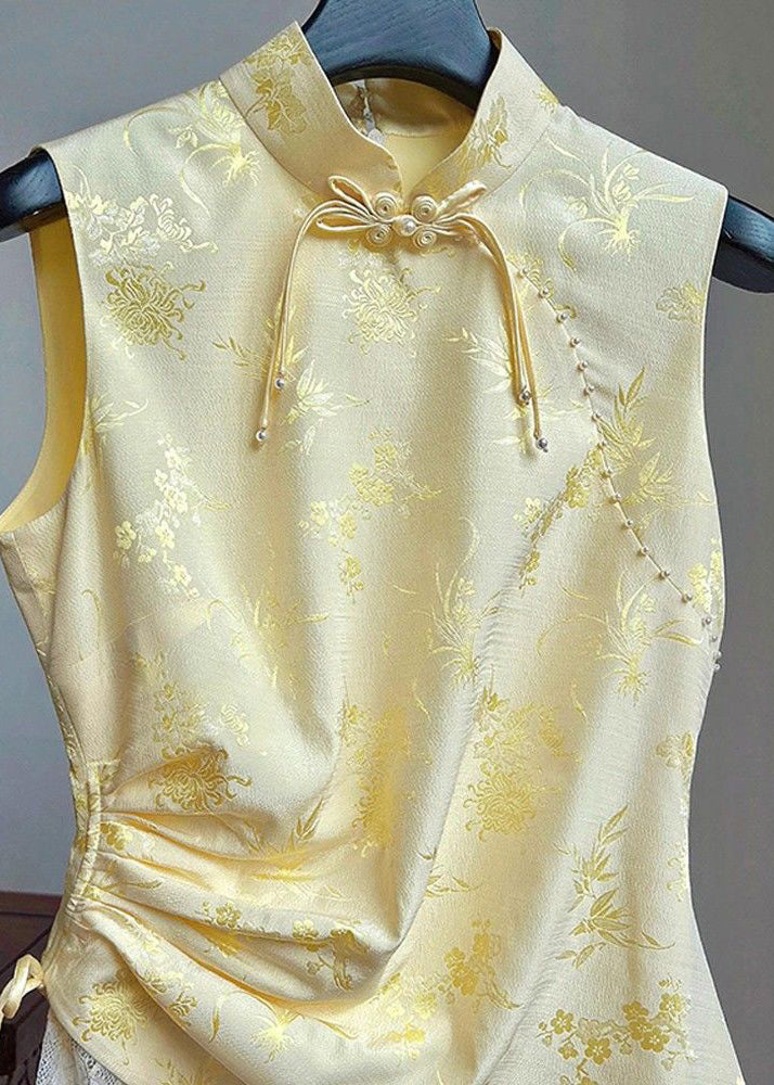 Women Yellow Stand Collar Print Drawstring Silk Waistcoat Sleeveless