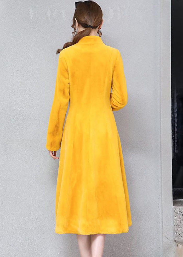 Women Yellow Stand Collar Silm Fit Faux Fur Trench Winter