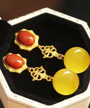 Women Yellow Sterling Silver Overgild Agate Beeswax Drop Earrings