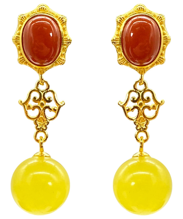 Women Yellow Sterling Silver Overgild Agate Beeswax Drop Earrings