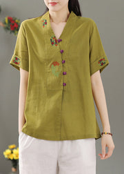 Women Yellow V Neck Embroideried Button Shirt Short Sleeve