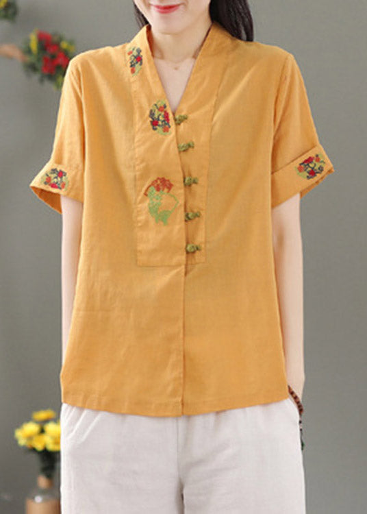 Women Yellow V Neck Embroideried Button Shirt Short Sleeve