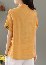 Women Yellow V Neck Embroideried Button Shirt Short Sleeve