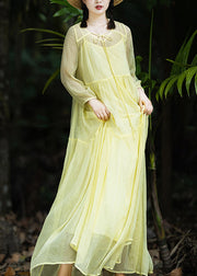 Women Yellow V Neck Patchwork Chiffon Vacation Long Dresses Spring