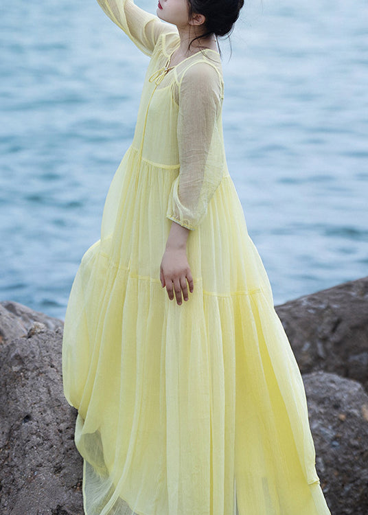 Women Yellow V Neck Patchwork Chiffon Vacation Long Dresses Spring