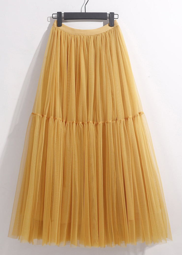 Women Yellow Wrinkled Elastic Waist Tulle Skirt Summer