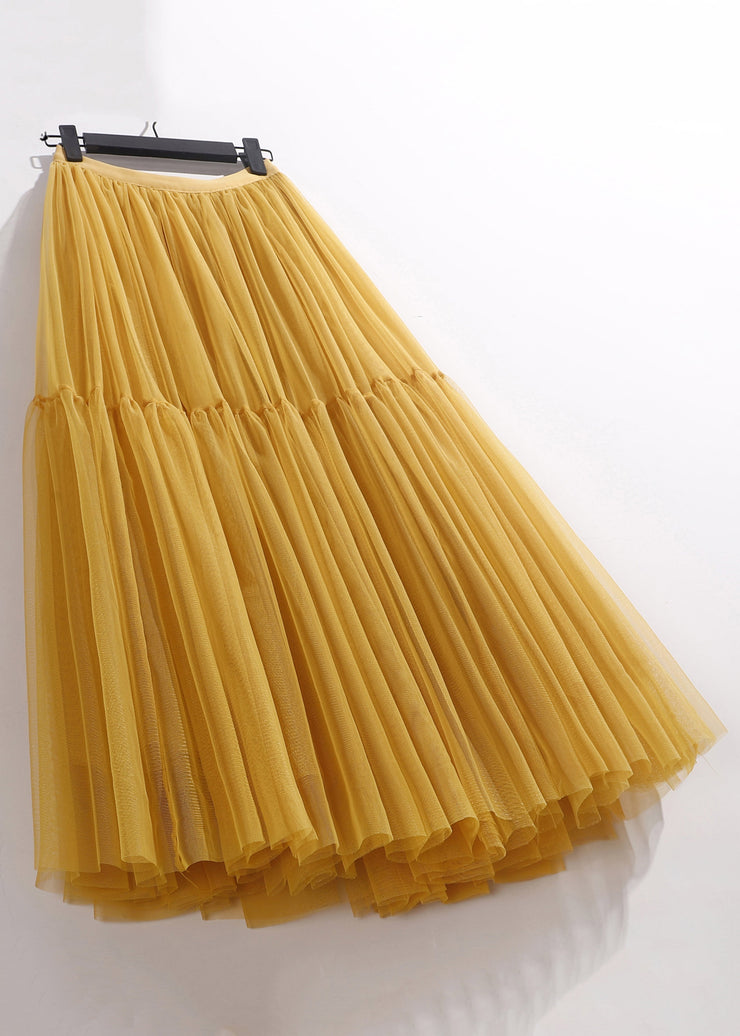 Women Yellow Wrinkled Elastic Waist Tulle Skirt Summer