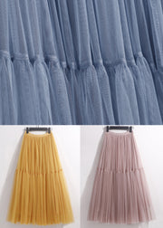 Women Yellow Wrinkled Elastic Waist Tulle Skirt Summer