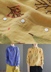 Women Yellow Wrinkled Embroideried Patchwork Linen Shirt Tops Spring