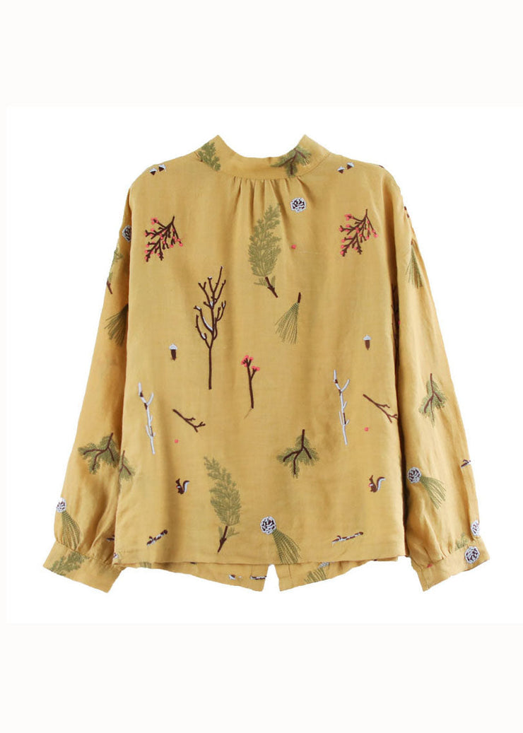 Women Yellow Wrinkled Embroideried Patchwork Linen Shirt Tops Spring