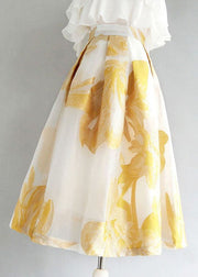 Women Yellow Wrinkled Patchwork Embroideried Tulle Skirt Summer