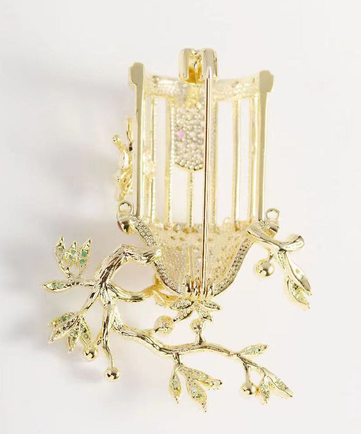 Women Yellow Zircon Crystal Pearl Bird Cage Brooches