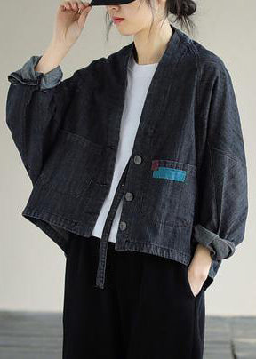 Women Denim Black Coats V Neck Button Down Spring Coats