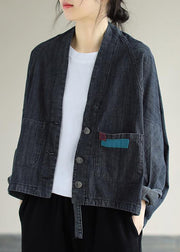 Women Denim Black Coats V Neck Button Down Spring Coats