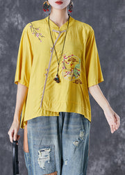 Yellow Asymmetrical Linen Tops Embroideried Chinese Button Summer