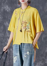 Yellow Asymmetrical Linen Tops Embroideried Chinese Button Summer