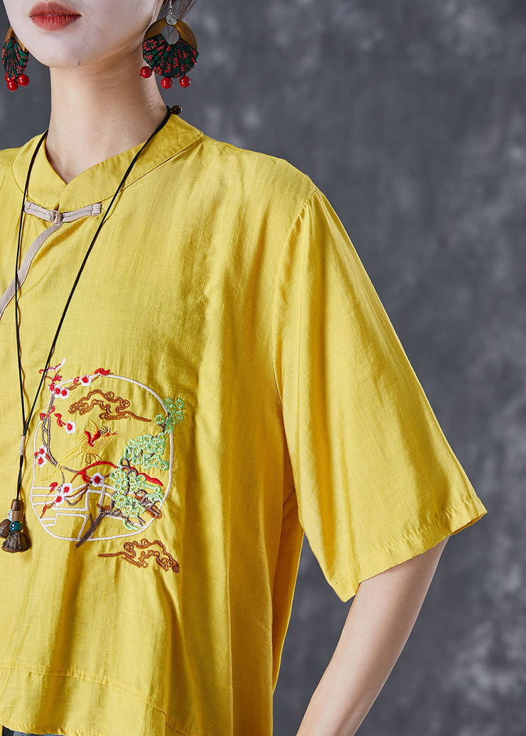 Yellow Asymmetrical Linen Tops Embroideried Chinese Button Summer