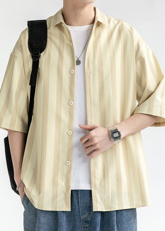 Yellow Button Cotton Mens Shirt Peter Pan Collar Summer