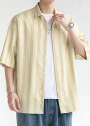 Yellow Button Cotton Mens Shirt Peter Pan Collar Summer