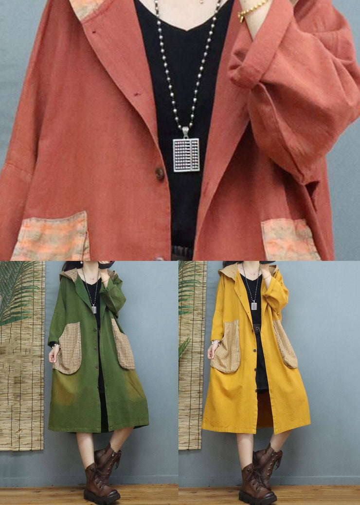 Yellow Button Patchwork Long Cotton Coats Hooded Long Sleeve