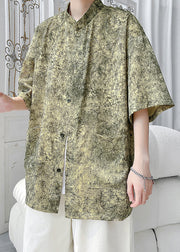 Yellow Button Print Ice Silk Men Shirts Stand Collar Summer