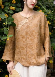 Yellow Button Print Linen Blouses O Neck Long Sleeve