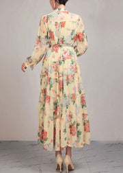 Yellow Button Sashes Cotton Long Dress Stand Collar Fall