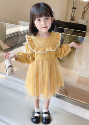 Yellow Button Tulle Patchwork Cotton Kids Girls Dress Long Sleeve