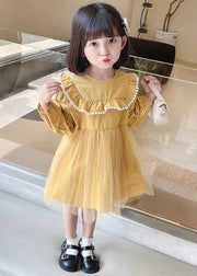 Yellow Button Tulle Patchwork Cotton Kids Girls Dress Long Sleeve