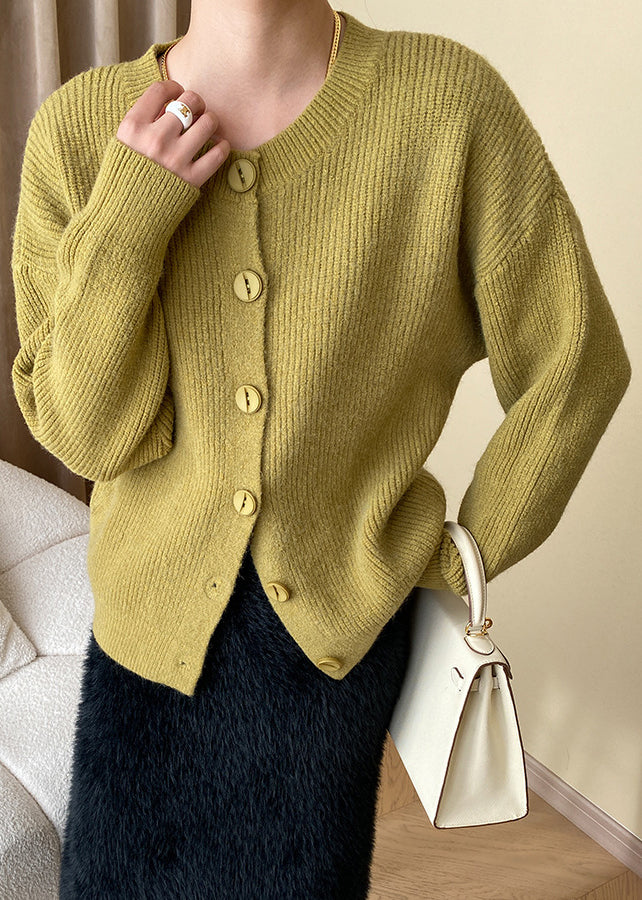 Yellow Cozy Knit Coats O Neck Long Sleeve