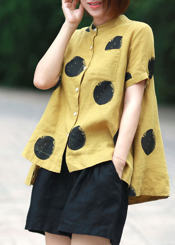 Orange cashews Patchwork Linen Top Button Stand Collar Summer