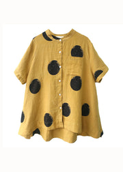 yellow-flower Print Patchwork Linen Top Button Stand Collar Summer