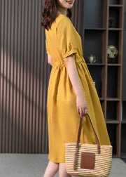 Yellow Drawstring Slim Linen Long Dress Short Sleeve