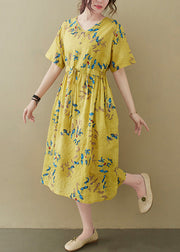 Yellow Drawstring Tie Waist Long Dress Summer