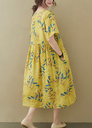 Yellow Drawstring Tie Waist Long Dress Summer