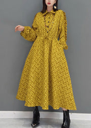 Yellow Jacquard Patchwork Cotton Dresses Ruffled Drawstring Fall