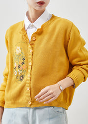 Yellow Knit Cardigans Embroidered Button Spring