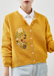 Yellow Knit Cardigans Embroidered Button Spring