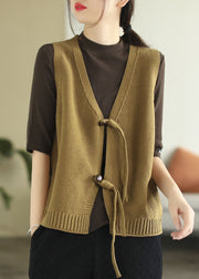 Yellow Knit Vest Tops V Neck Oriental Button Sleeveless