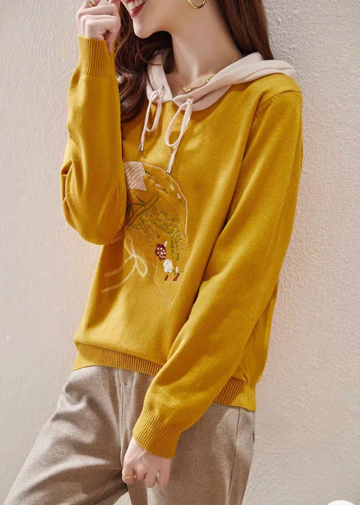 Yellow Lace Up Patchwork Knit Embroideried Long Sleeve