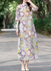 Yellow Lace Up Print Linen Dress Stand Collar Half Sleeve