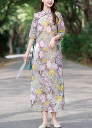 Yellow Lace Up Print Linen Dress Stand Collar Half Sleeve