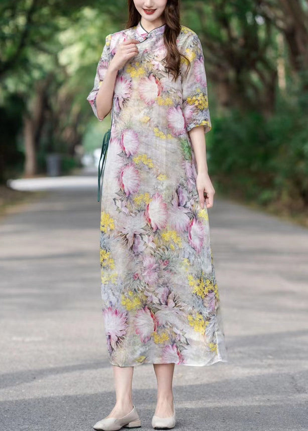 Yellow Lace Up Print Linen Dress Stand Collar Half Sleeve