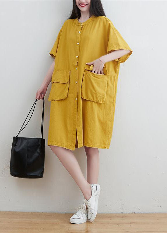 Yellow Linen Maxi Dresses O-Neck Oversized Short Sleeve