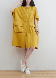 Yellow Linen Maxi Dresses O-Neck Oversized Short Sleeve