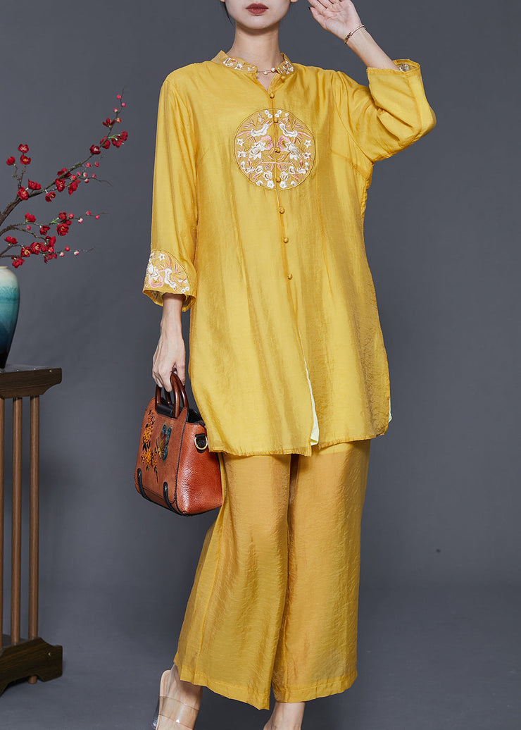 Yellow Linen Silk Two Piece Set Women Clothing Embroidered Spring