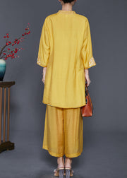 Yellow Linen Silk Two Piece Set Women Clothing Embroidered Spring