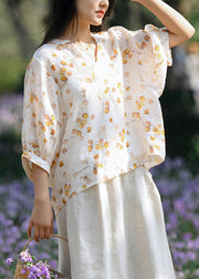 Yellow Low High Design Patchwork Linen Shirts V Neck Summer