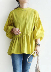 Yellow O-Neck Patchwork Shirts Lantern Sleeve