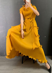 Yellow O-Neck Ruffled Tie Waist Long Dresses Short Sleeve